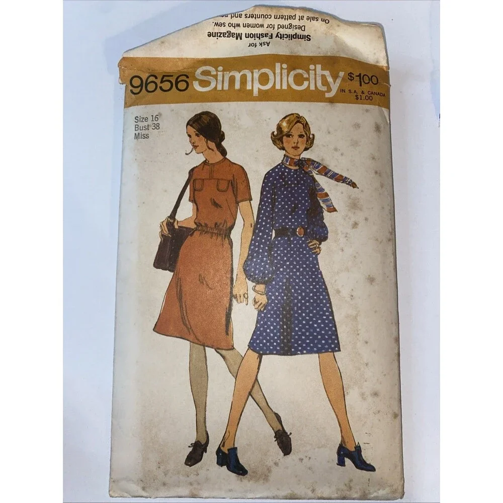 Uncut Vintage 1971 Simplicity 9656 Misses Size 16 Bust 38 Zipper Dress 2 Sleeves